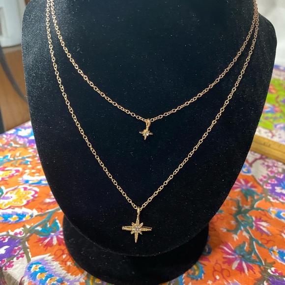 Double Star Necklace Gold Tone with stones - Picture 1 of 3